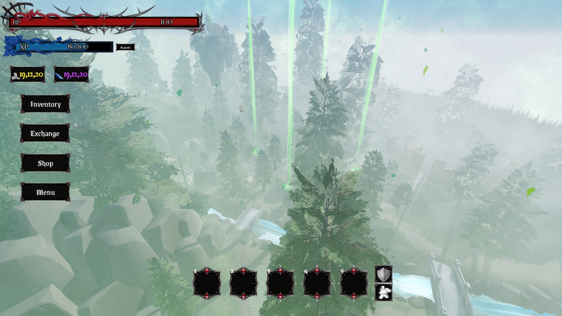 Corrupted Legacy's misty forest world with hero health, experience, and inventory interface
