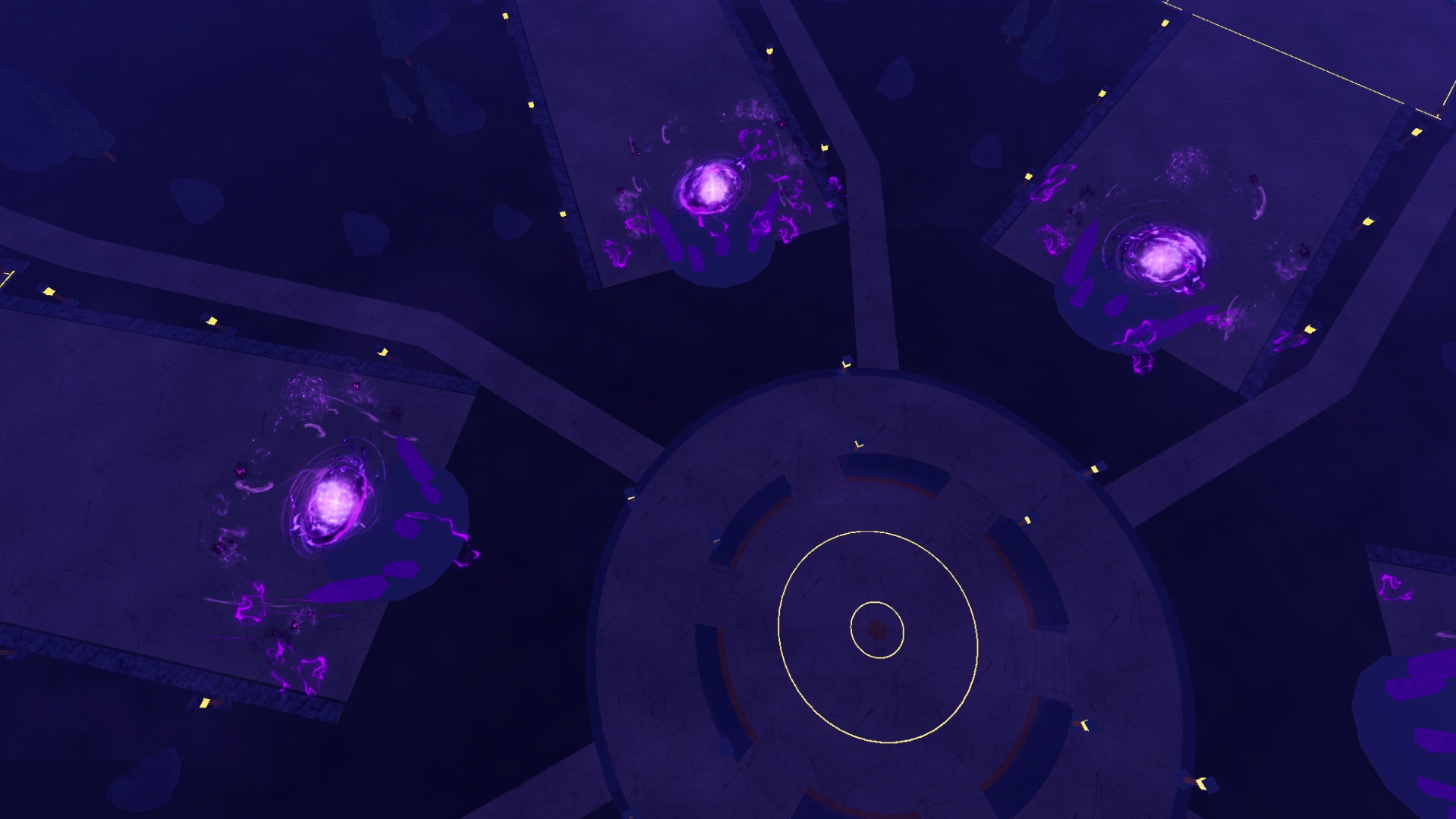 Drill and Defend's dark arena with glowing violet portals and radial base plots