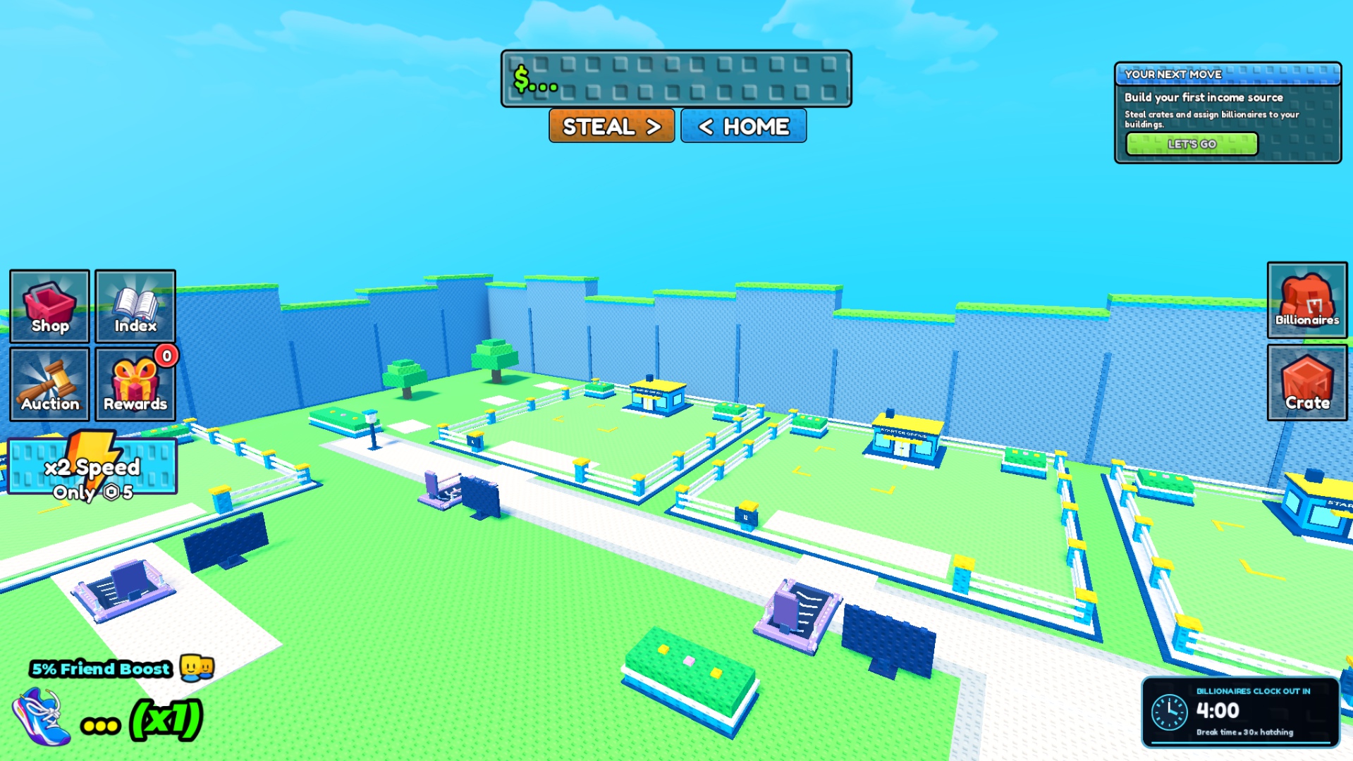 Steal a Billionaire's bright blue and green tycoon plots with crate and auction interface